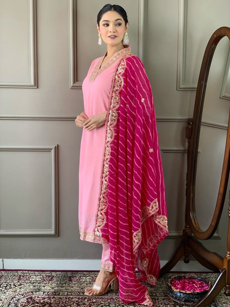 beautiful pink v neck viscose 1 1741860141 Beautiful Pink V Neck Viscose Silk Kurti Pant Dupatta Pair