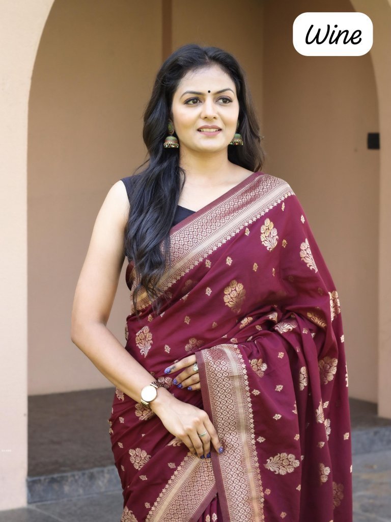 beautiful pure gold zari wine 1747908933 Beautiful Pure Gold Zari Wine Saree