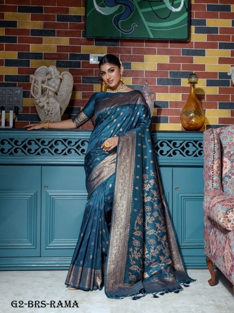 beautiful rama pallu banarasi 1717248319 Beautiful Rama Pallu Banarasi Raw Silk Saree With Tassels