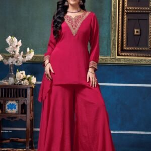 Beautiful Rani Pink Soft Chinon Flowy Palazzo Style Cord Set