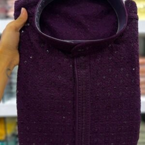 Beautiful Rayon Chikan Work Wine Kurta With Pyjama