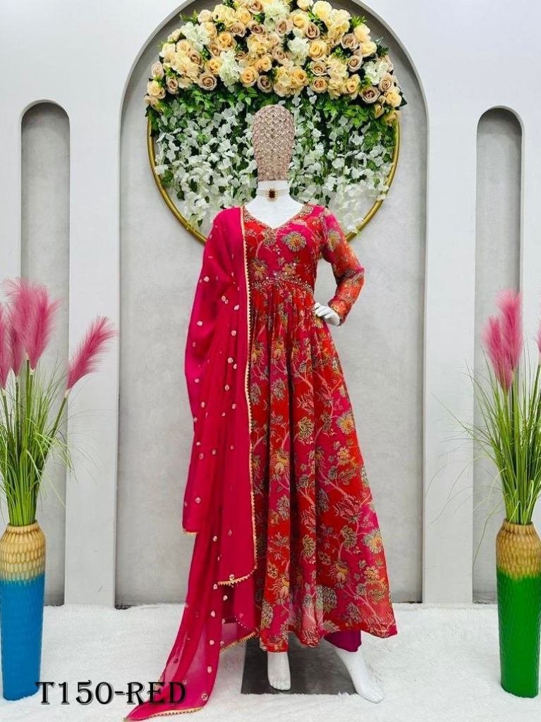 beautiful red pure georgette s 1719810534 Beautiful Red Pure Georgette Suit With Sequence Work