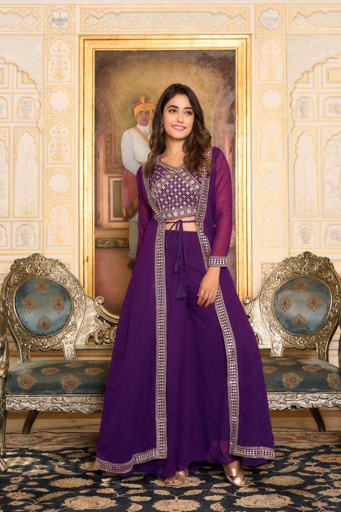 beautiful sequence embroidery 1742477539 Beautiful Sequence Embroidery Work Shrug Plaza With Choli In Purple