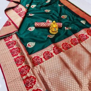 Beautiful Silk Jacquard Dark Green Saree With Unstitched Blouse