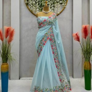 Beautiful Sky Blue Designer Pearl Work Tibby Silk Saree