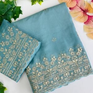 Beautiful Sky Blue Organza Silk Saree With Golden Jari Work