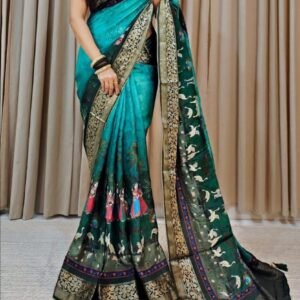Beautiful Sky Blue Pure Dola Silk Saree With Kalamkari Design