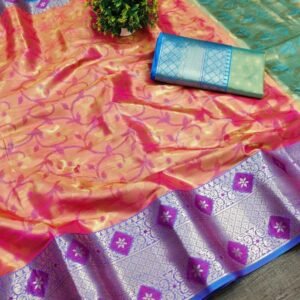 Beautiful Soft Silk Peach Saree With Gold Zari Weaving