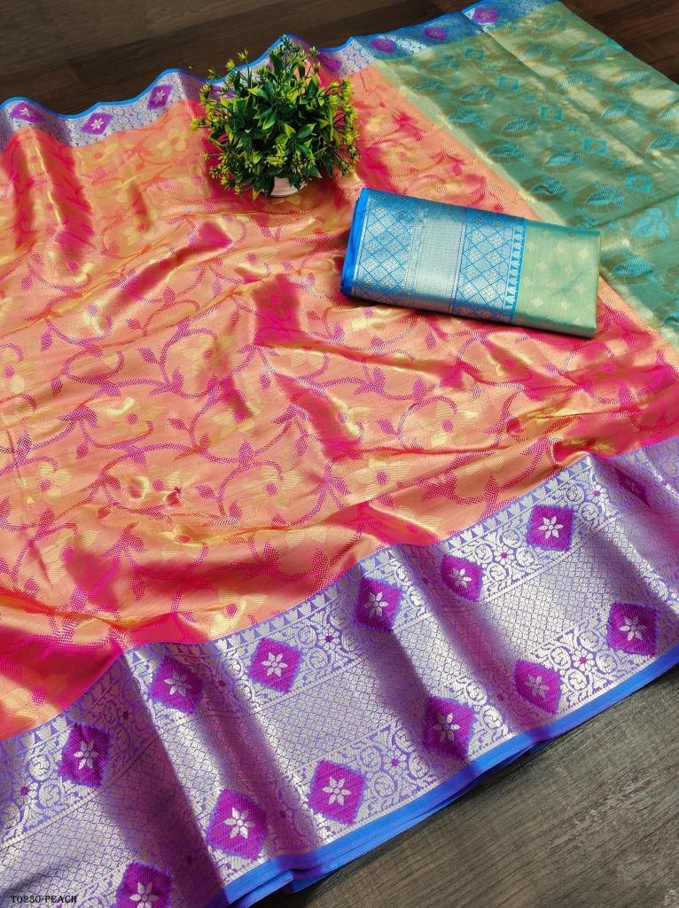 beautiful soft silk peach sare 1718020431 Beautiful Soft Silk Peach Saree With Gold Zari Weaving