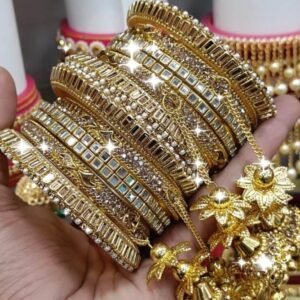 Beautiful Stone Golden Bangles Set with Jhumka Latkan