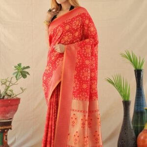 Beautiful Tomato Red Handloom Soft Silk Weaving Sarees