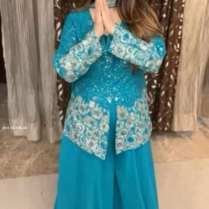 Beautiful Trending Georgette With Sequence Work Sea Blue Plazzo Set