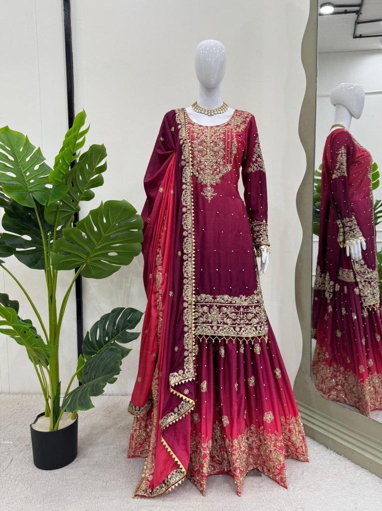 beautiful two shaded wine colo 1740653935 Beautiful Two Shaded Wine Colour Sharara Suit Set