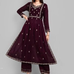 Beautiful Vichitra Silk Embroidered Wine Kurti With Pant Set