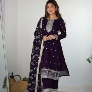 Beautiful Vichitra Silk Embroidered Purple Kurti With Pant dupatta Set