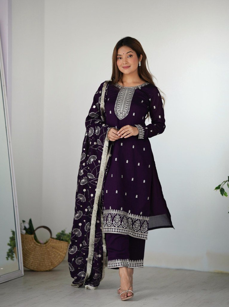 beautiful vichitra silk embroi 1742897866 Beautiful Vichitra Silk Embroidered Purple Kurti With Pant dupatta Set