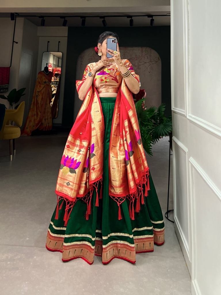 beautiful vichitra silk paitha 1737020840 Beautiful Vichitra Silk Paithani Plain Lehenga Choli With Parrot Work Blouse