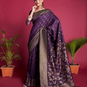 Beautiful Wine Pallu Banarasi Raw Silk Saree With Tassels