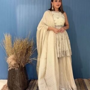 Beautiful Women Cream Sharara Suit With Heavy Embroidery Work