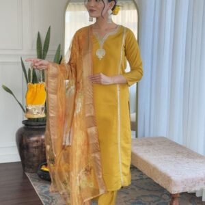 Beautiful Yellow Desinger Work Viscose Chanderi Kurtis Dupatta Set