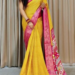 Beautiful Yellow Dola Silk Sarees With Butta Print With Contrast Jacquard Border