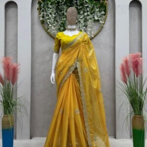 Beautiful Yellow Tibby Silk Saree With Digital Print