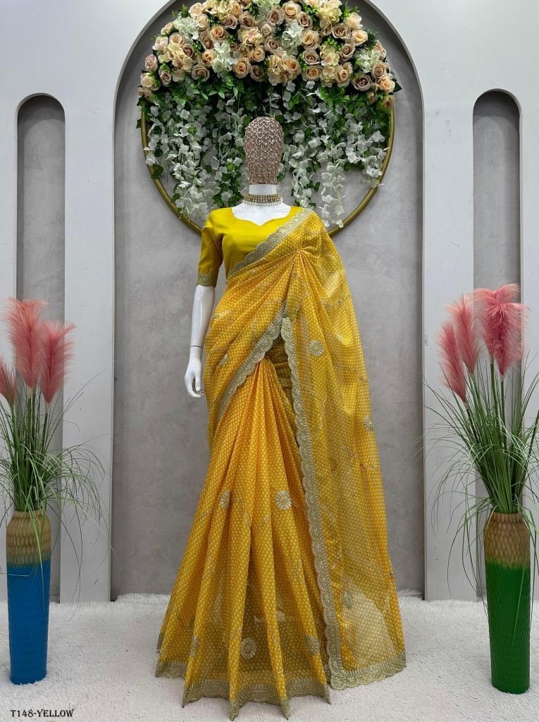 beautiful yellow tibby silk sa 1719580834 Beautiful Yellow Tibby Silk Saree With Digital Print