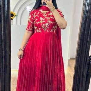 Beautifull Anarkali Chinon Silk Red Gown