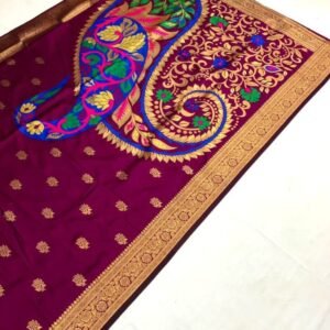 Beautifull Rose Gold Banarasi Maroon Saree Pallu