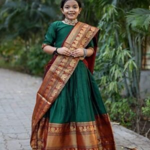Beautifully Soft Narayan Pet Cotton with Zari Weaving Green South Indian Lehenga For Kids
