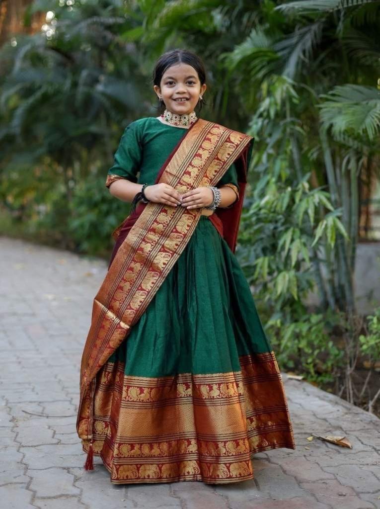 beautifully soft narayan pet c 1712139541 Beautifully Soft Narayan Pet Cotton with Zari Weaving Green South Indian Lehenga For Kids