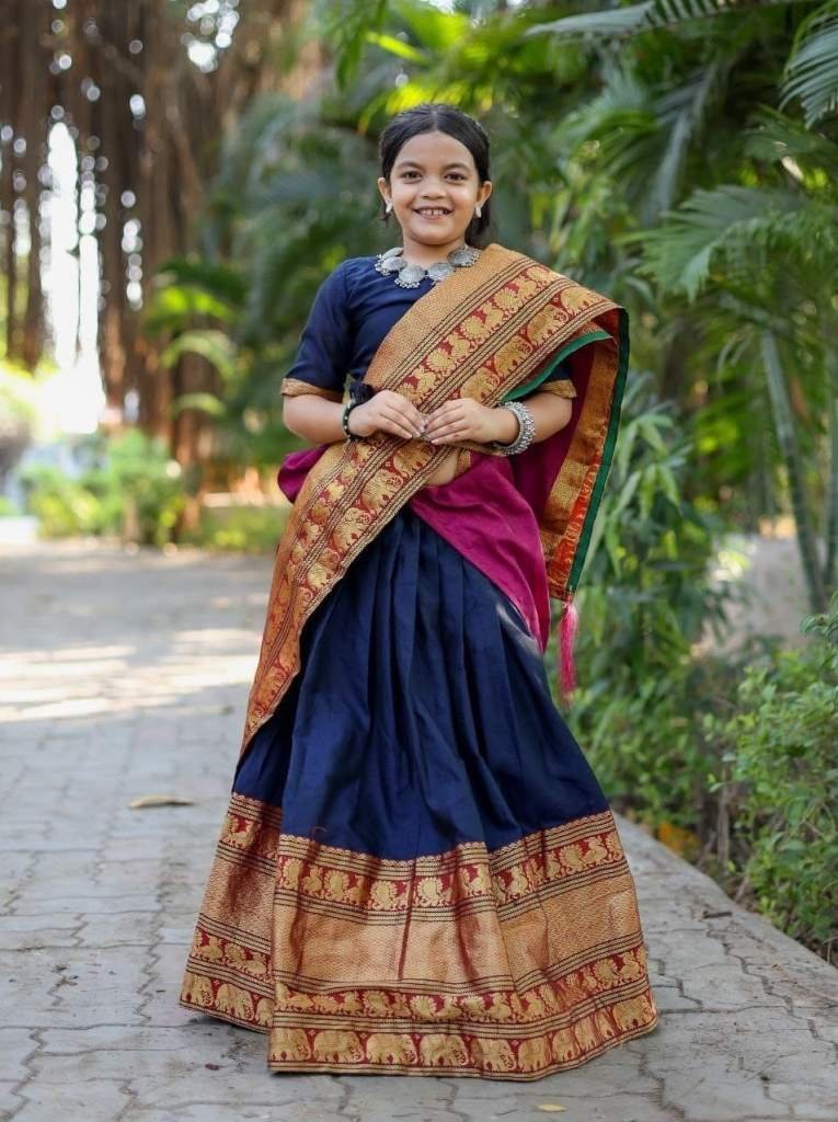 beautifully soft narayan pet c 1712139797 Beautifully Soft Narayan Pet Cotton with Zari Weaving Blue South Indian Kids Lehenga