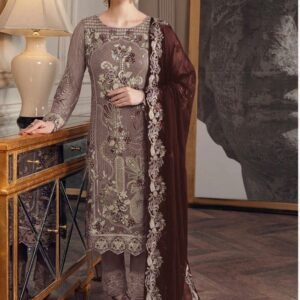 Beige and Maroon Color Embroidered Fox Georgette Suit Set