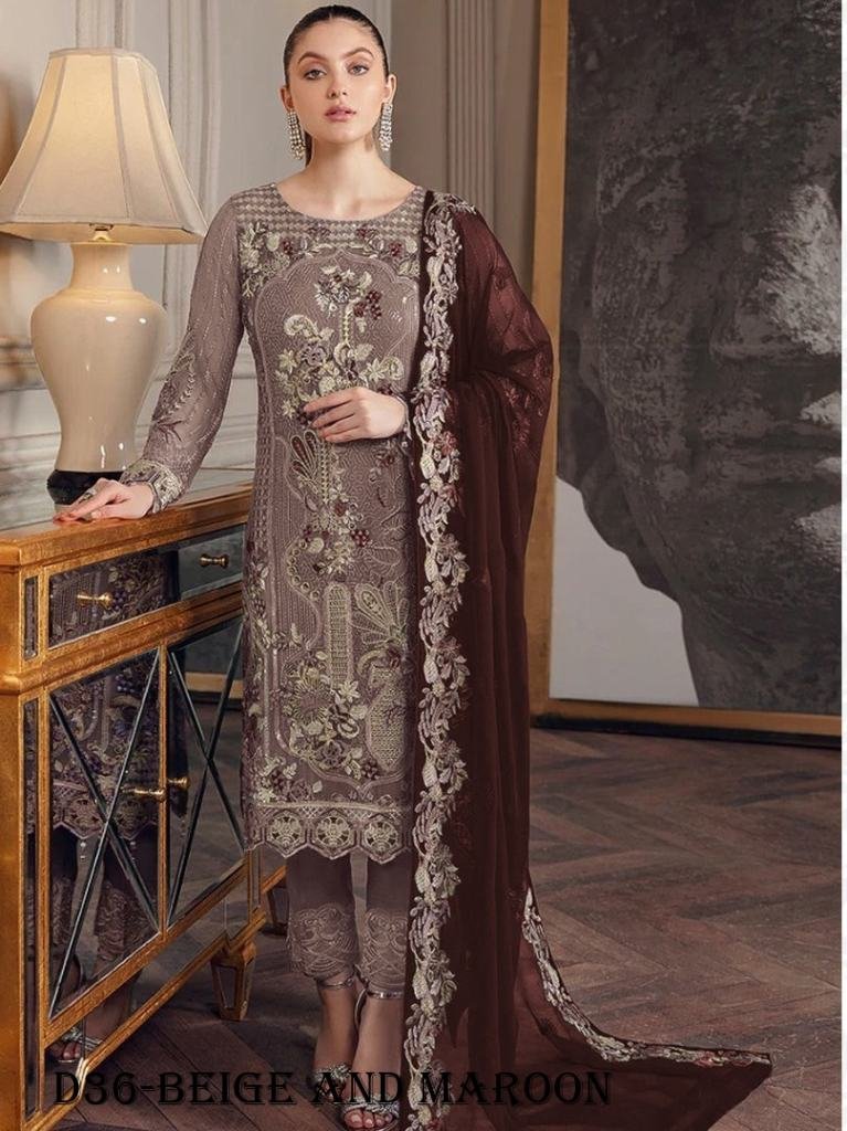 beige and maroon color embroid 1718175906 Beige and Maroon Color Embroidered Fox Georgette Suit Set