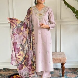 Beige Beautiful Neck Embroidered Work Chanderi Kurtis Set
