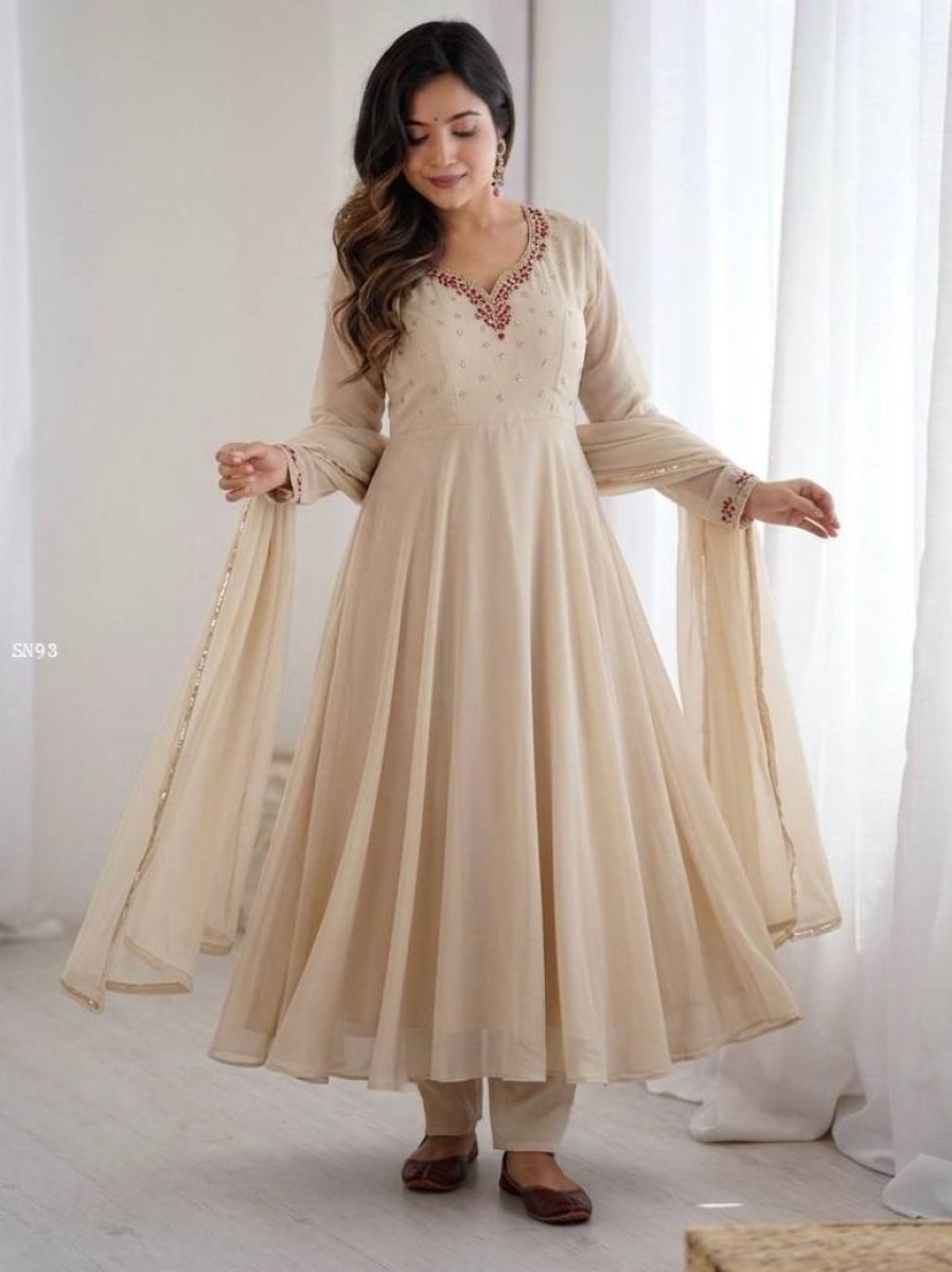 beige fox georgette anarkali g 1777878590 Beige Fox Georgette Anarkali Gown Set with Dupatta And Bottom