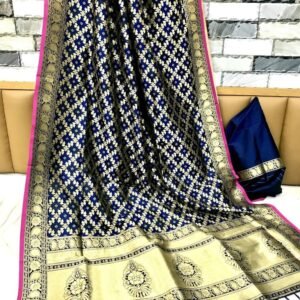 Best Banarasi Weaving Silk Dark Blue Saree and Blouse