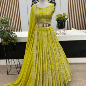 Best Lime Green Chinon Silk Lhenga Choli