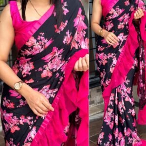 Best Gulabo Design Pink Silk Crepe Ruffle Printed Saree