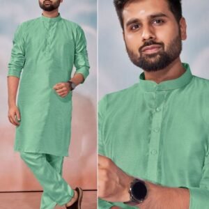 Best Mens Wear Collection Sea Green Banglori Silk Polo Kurta Pant Set