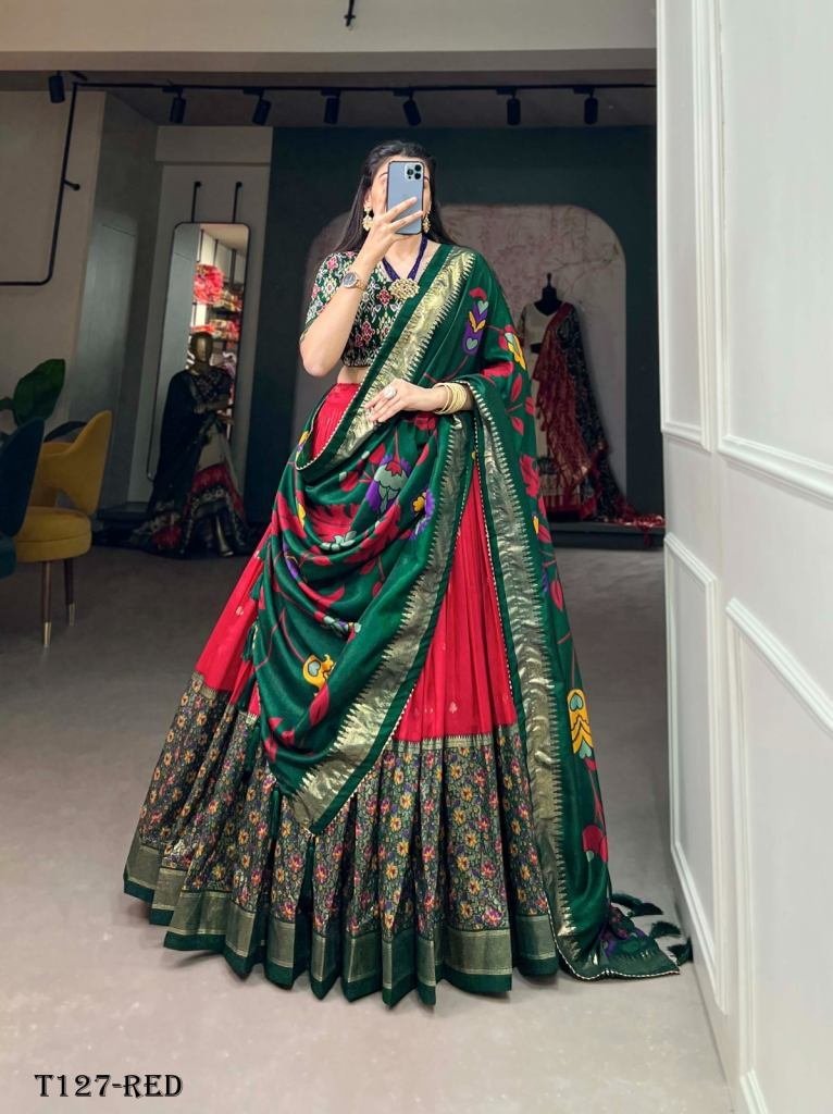 best quality red tussar silk w 1719056909 Best Quality Red Tussar Silk With Foil Work Lehenga Choli