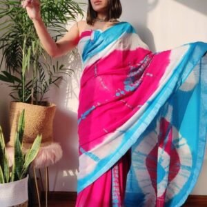 Best Sky Blue With Pink Shibori Saree With Blouse