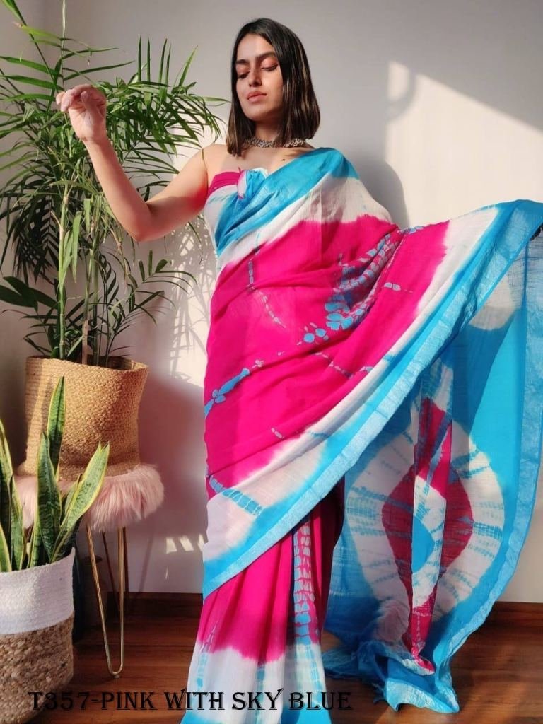 best sky blue with pink shibor 1725011898 Best Sky Blue With Pink Shibori Saree With Blouse
