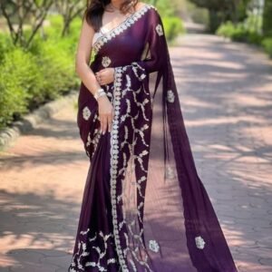 Best Unique Design Embroidered Dark Wine Saree