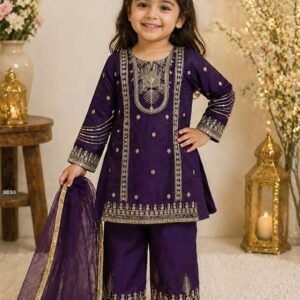 Purple Fendy Silk Embroidered Suit For Kids