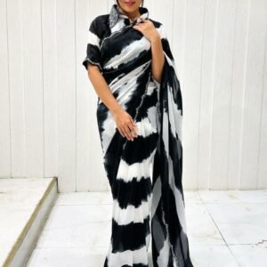 Black And White Party Wear Digital Printed Chinon Saree With Khatli Work