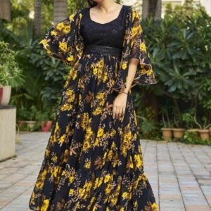 Black And Yellow Floral Printed Long Gown With Belt For Women