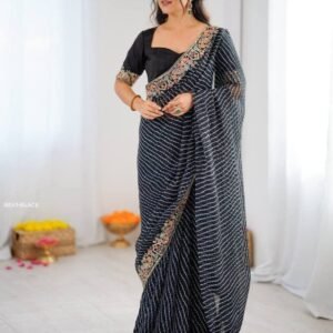 Black Badhani Print Faux Georgette Saree With Thread Work Border