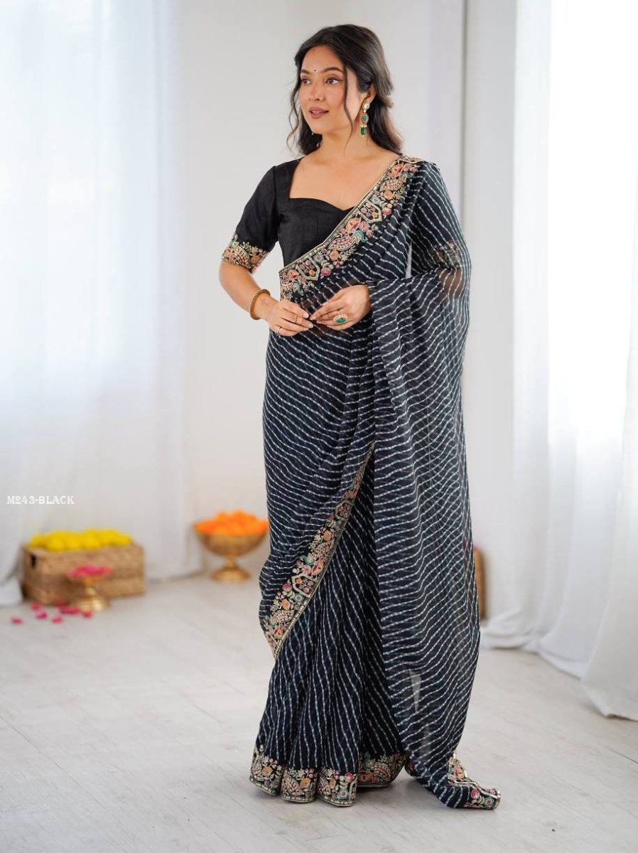 black badhani print faux georg 1777551603 Black Badhani Print Faux Georgette Saree With Thread Work Border