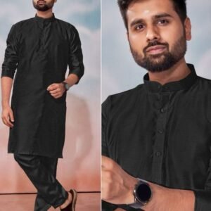 Black Banglori Silk Mens Kurta Polo Pant Set